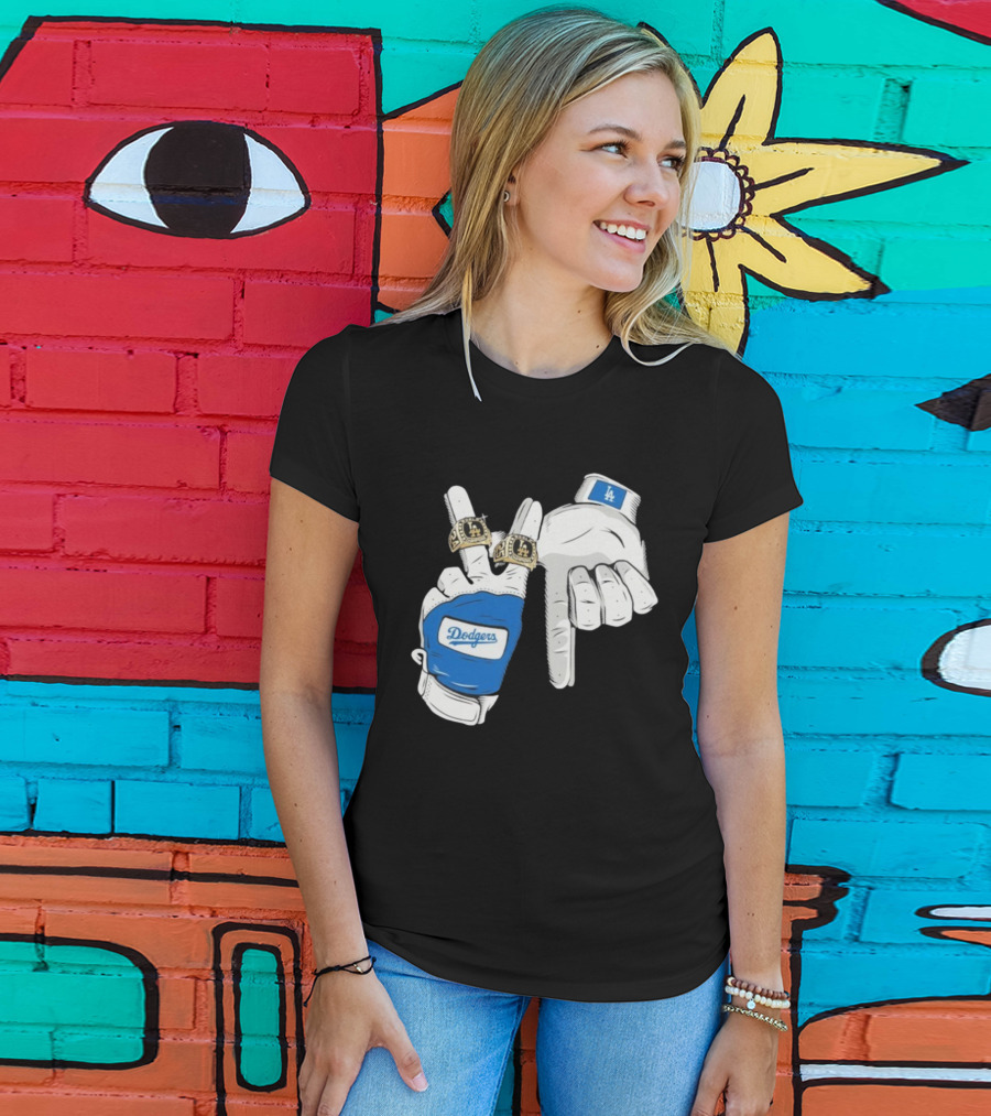 Los Angeles Dodgers Back 2 Back World Series Champions 2025 Rings LA Logo Glove Hands T-Shirt