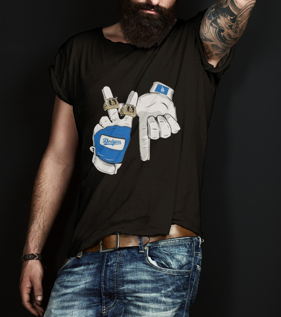 Los Angeles Dodgers Back 2 Back World Series Champions 2025 Rings LA Logo Glove Hands T-Shirt