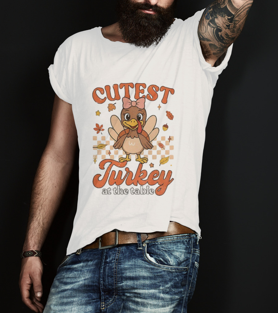 Cutest Turkey At The Table Thanksgiving Bow And Leaves T-Shirt