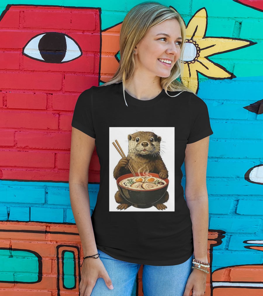 Cute Otter Enjoying Steaming Ramen With Chopsticks Illustration T-Shirt