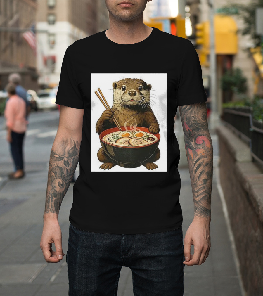 Cute Otter Enjoying Steaming Ramen With Chopsticks Illustration T-Shirt