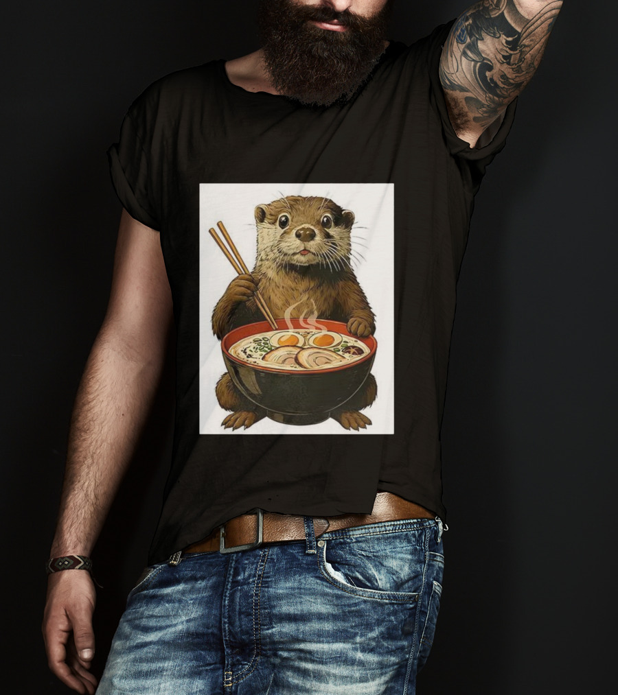 Cute Otter Enjoying Steaming Ramen With Chopsticks Illustration T-Shirt