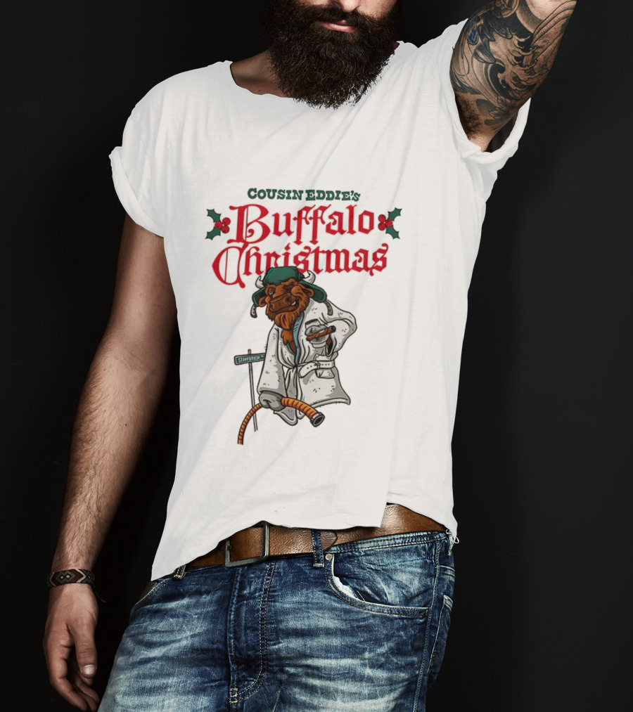 Cousin Eddie Buffalo Christmas Holiday Street Sign Robe Cigar Illustration T-Shirt