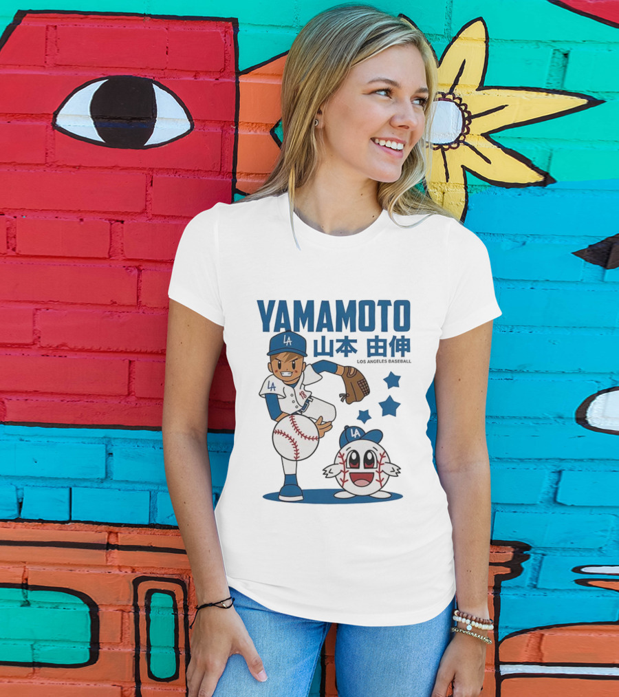 Yamamoto Los Angeles Dodgers Cartoon With Baseball Character And Stars T-Shirt