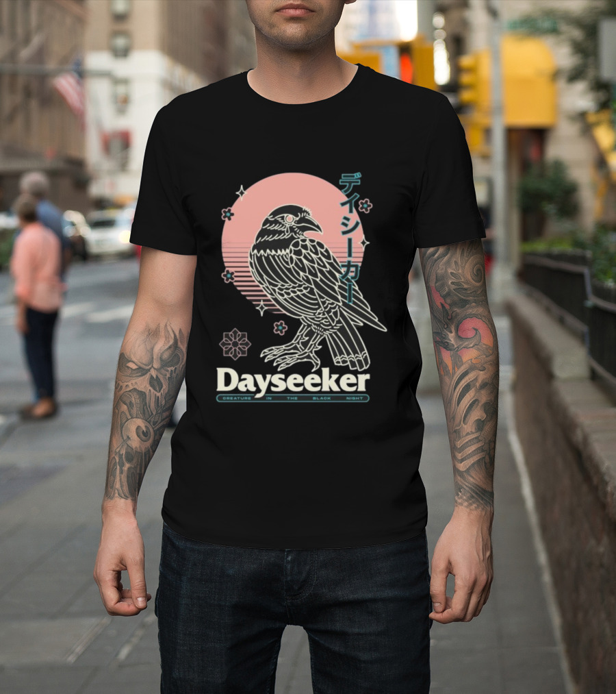 Dayseeker Creature In The Black Night Raven With Japanese Text And Sakura Motif T-Shirt