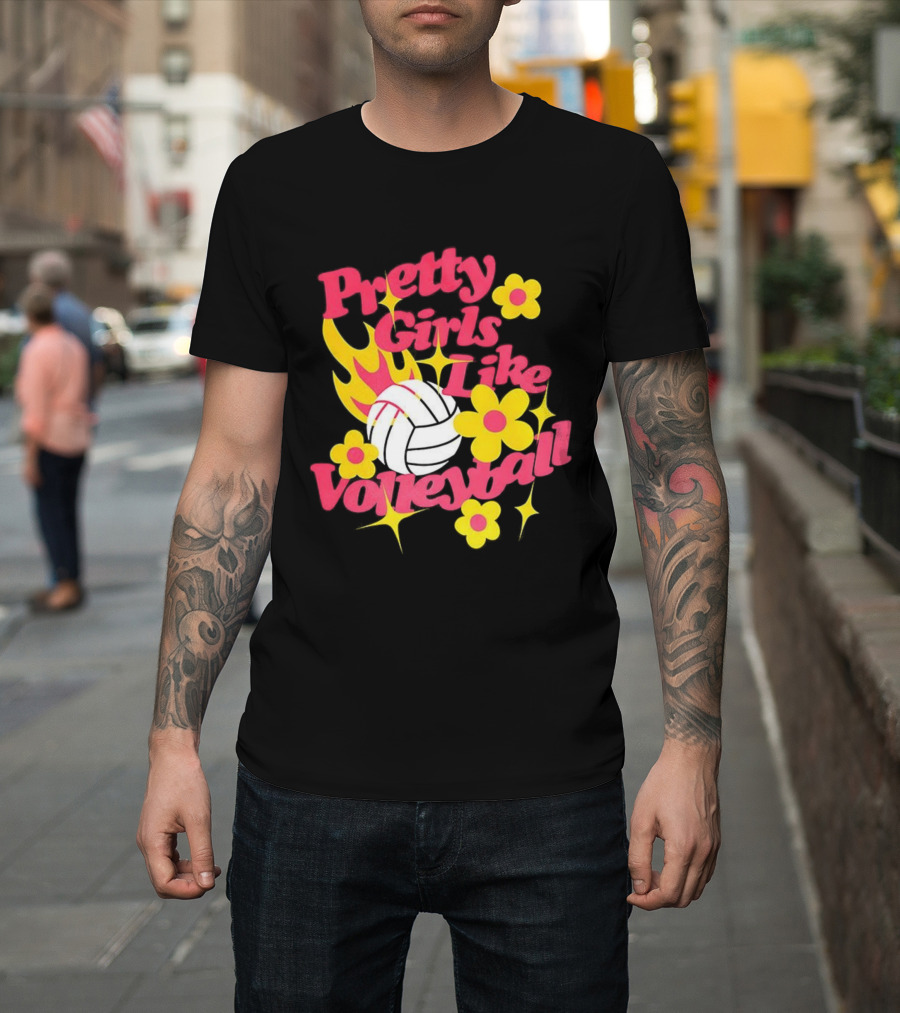 Pretty Girls Like Volleyball Flowers Yellow Pink Volleyball Floral Design T-Shirt