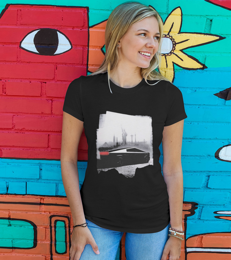 Tesla Cybertruck With Global Landmark Skyline T-Shirt