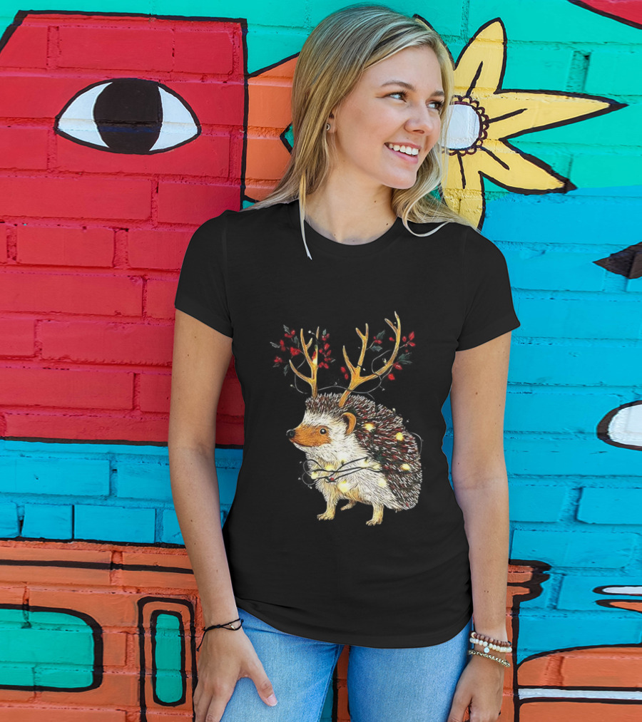 Hedgehog With Antlers Wearing String Of Lights Christmas Holiday Design T-Shirt