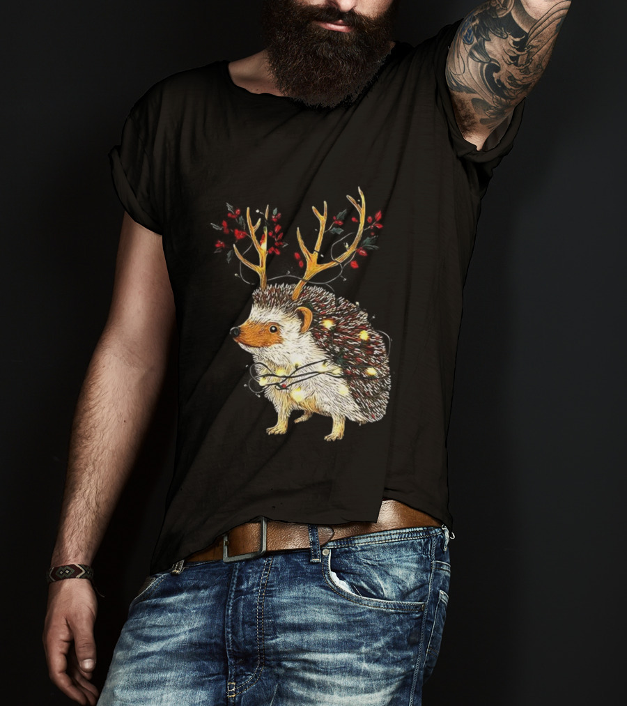 Hedgehog With Antlers Wearing String Of Lights Christmas Holiday Design T-Shirt
