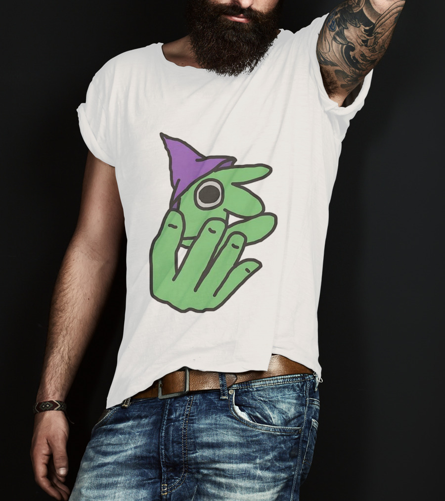 Glep Smiling Friends Character With Green Hand And Purple Hat T-Shirt