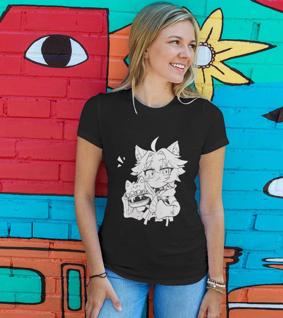 Genshin Impact Cat-Eared Character With Cat Burger Anime Illustration T-Shirt