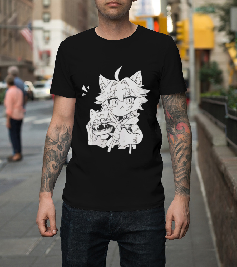 Genshin Impact Cat-Eared Character With Cat Burger Anime Illustration T-Shirt