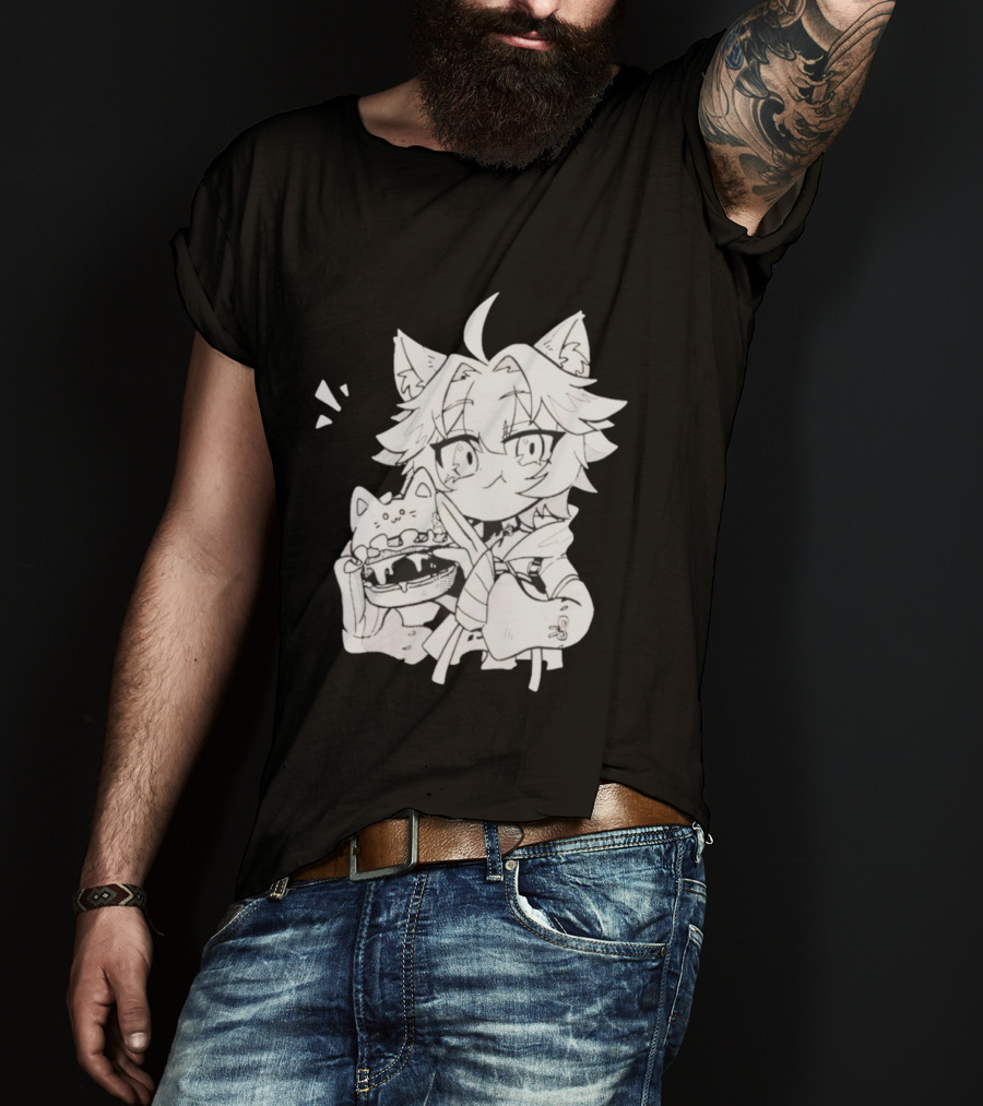 Genshin Impact Cat-Eared Character With Cat Burger Anime Illustration T-Shirt