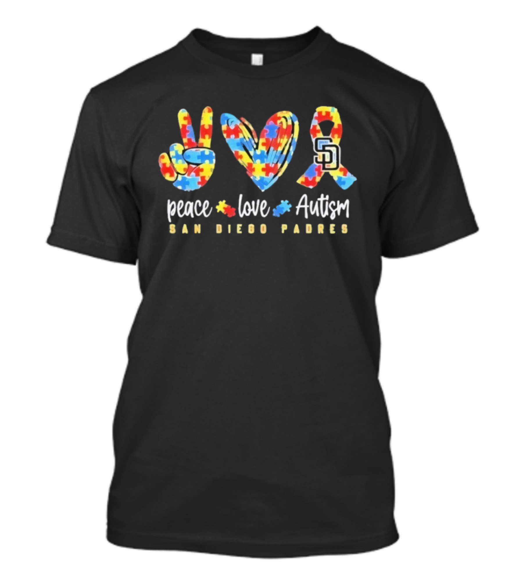 San Diego Padres Peace Love Autism Puzzle Ribbon T-Shirt