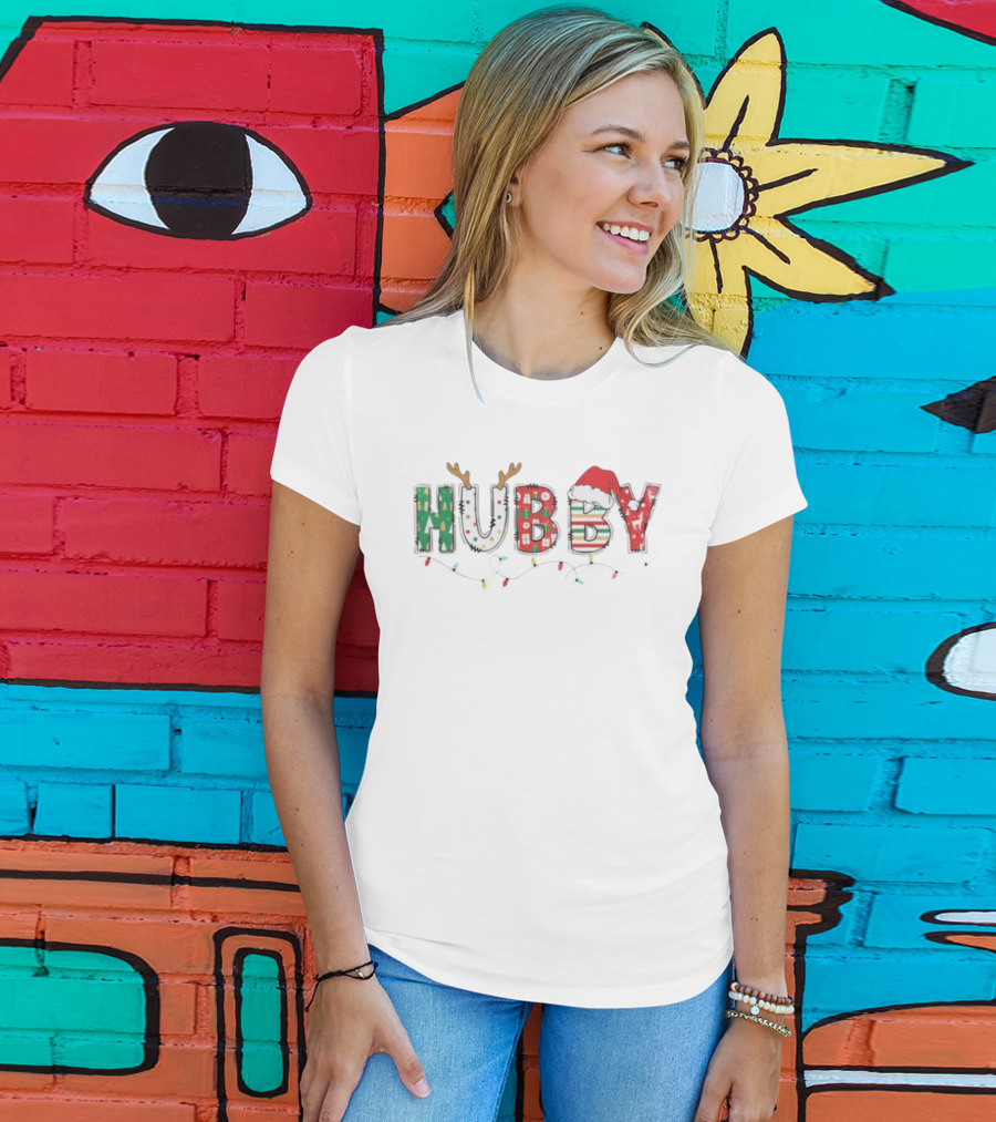 Hubby Christmas Antlers Santa Hat Lights Festive Design T-Shirt