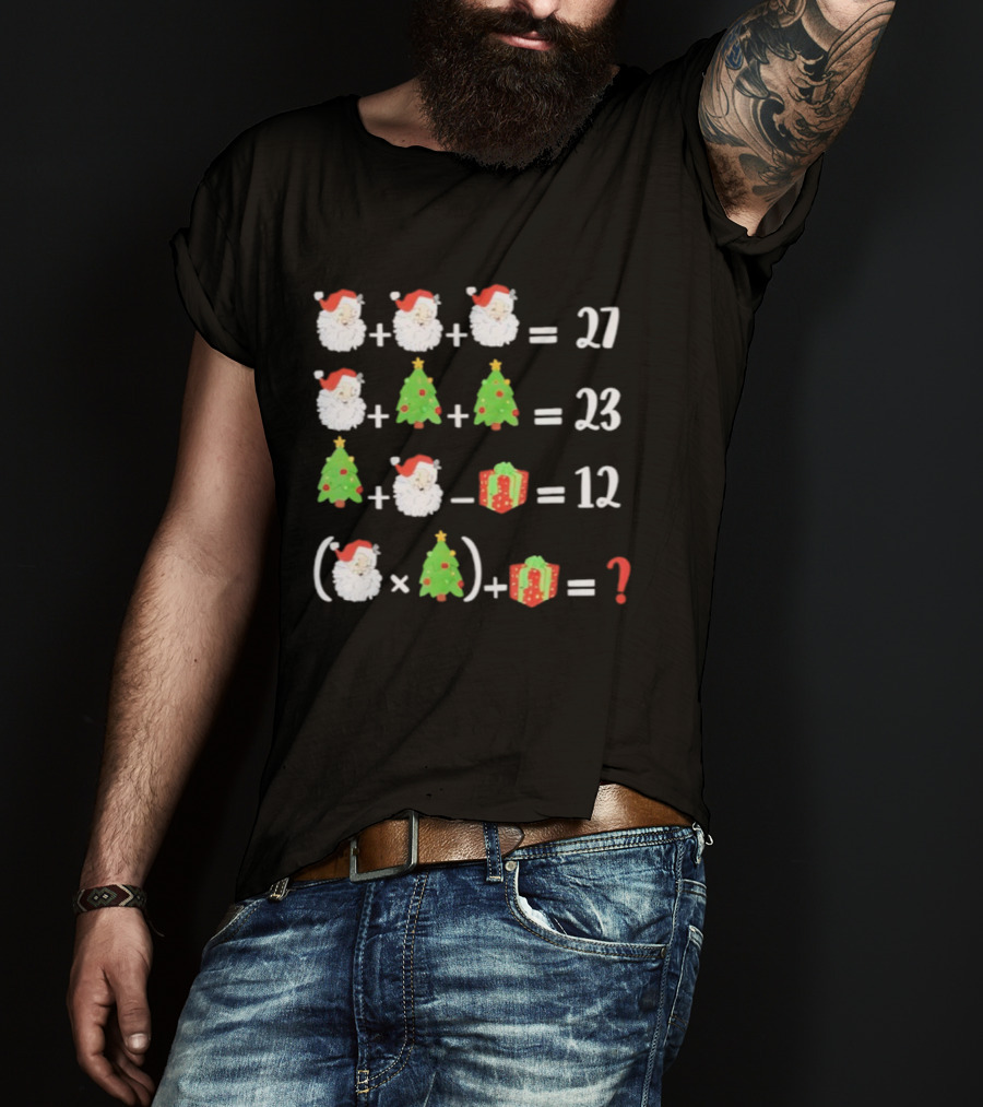 Santa Christmas Tree Gift Math Puzzle Equation 27 23 12 Question T-Shirt