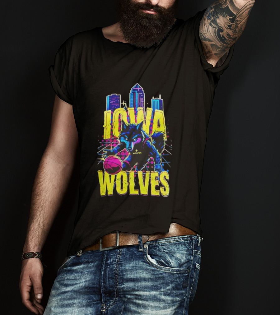 Iowa Wolves Neon Basketball Wolf Skyline T-Shirt