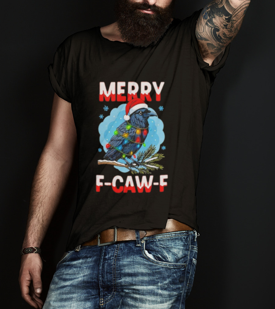 Merry Christmas F-Caw-F Santa Hat Crow With Lights T-Shirt