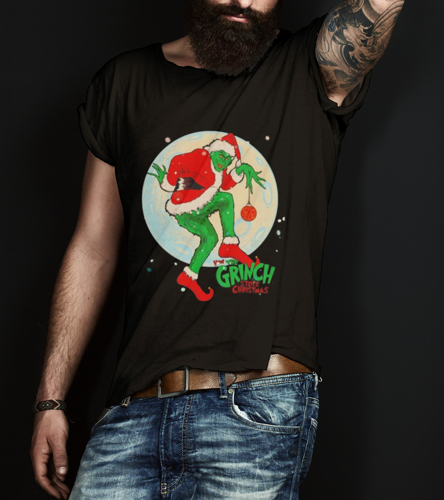 How The Grinch Stole Christmas Moon Scene With Ornament And Santa Suit T-Shirt
