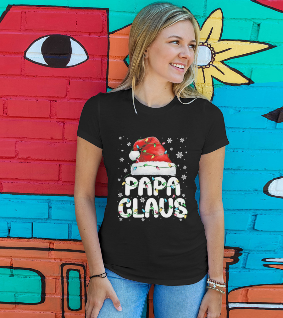 Papa Claus Santa Hat With Christmas Lights Holiday Stars T-Shirt