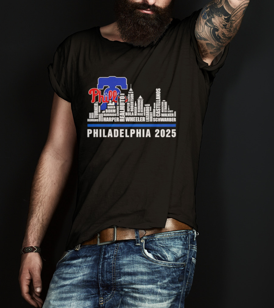 Philadelphia Phillies Skyline Bell Wheeler Nola Harper Realmuto Turner 2025 T-Shirt