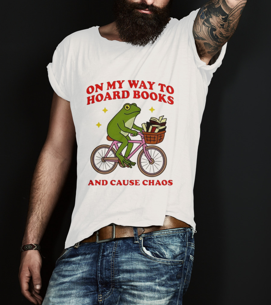 Frog On Bicycle Journey To Hoard Books And Cause Chaos T-Shirt
