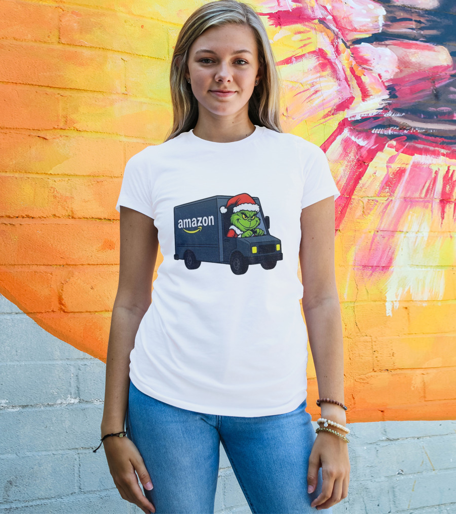 Grinch Santa Claus Driving Amazon Truck Merry Christmas Humor T-Shirt
