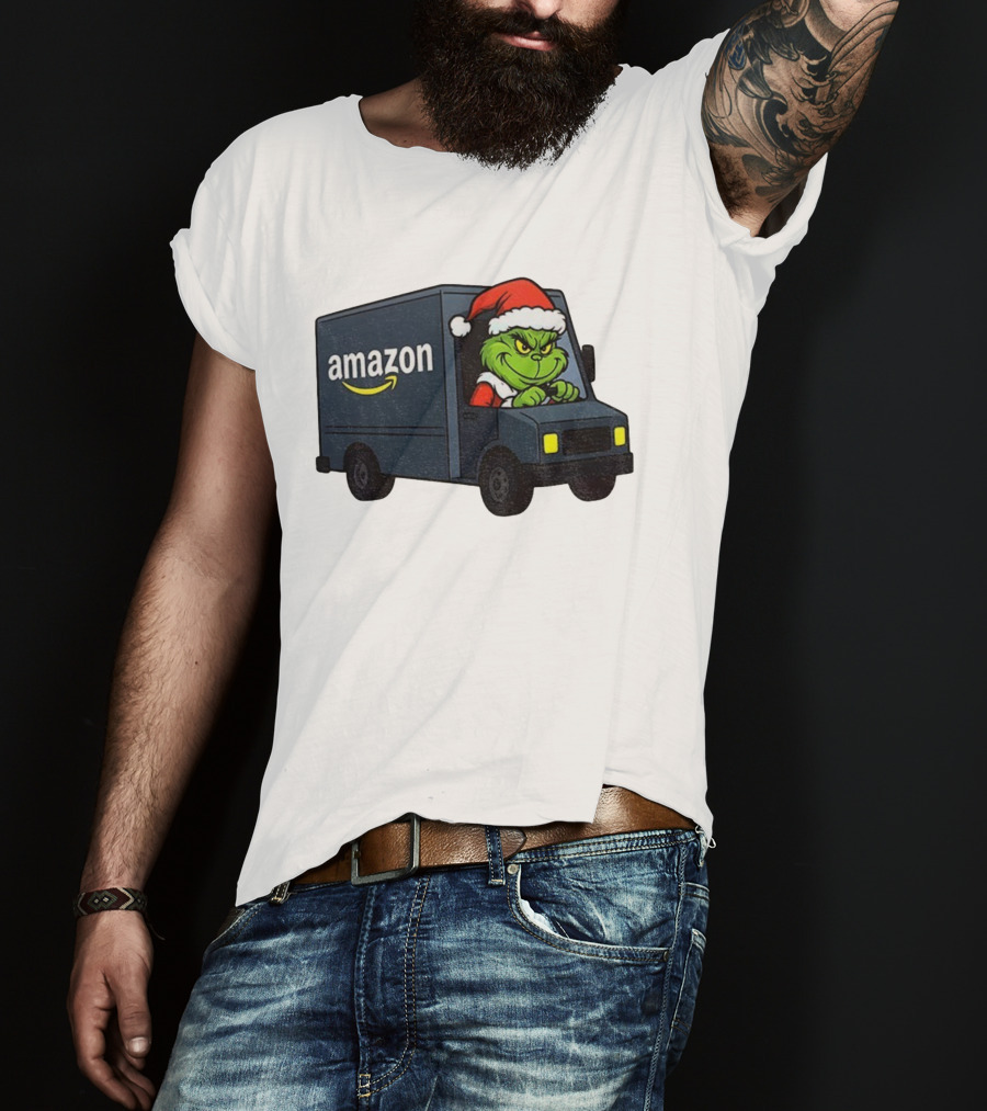 Grinch Santa Claus Driving Amazon Truck Merry Christmas Humor T-Shirt