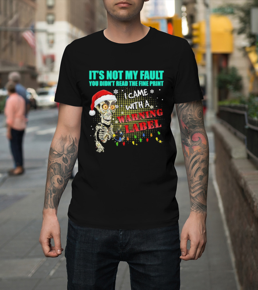 Christmas Dead Bomb Skeleton Santa Warning Label Fine Print T-Shirt