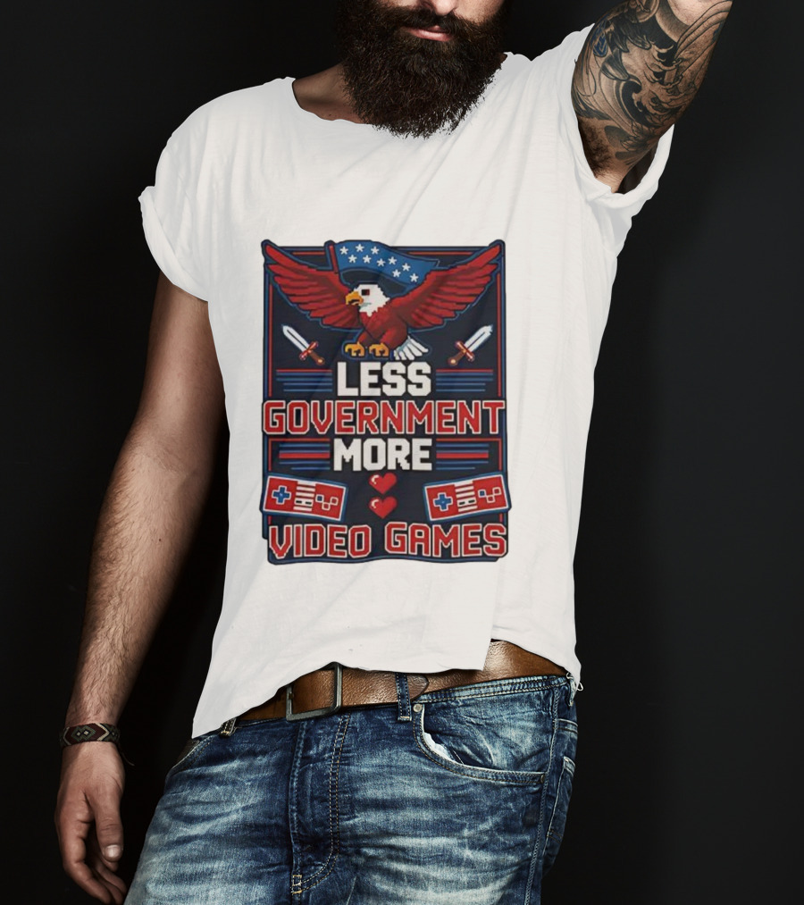 Less Government More Video Games Eagle Patriot Swords Retro Controllers T-Shirt