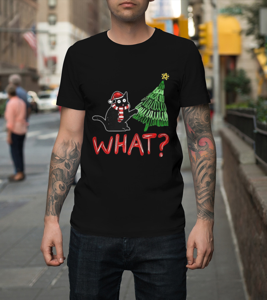 Black Cat What Christmas Tree Santa Hat Scarf T-Shirt