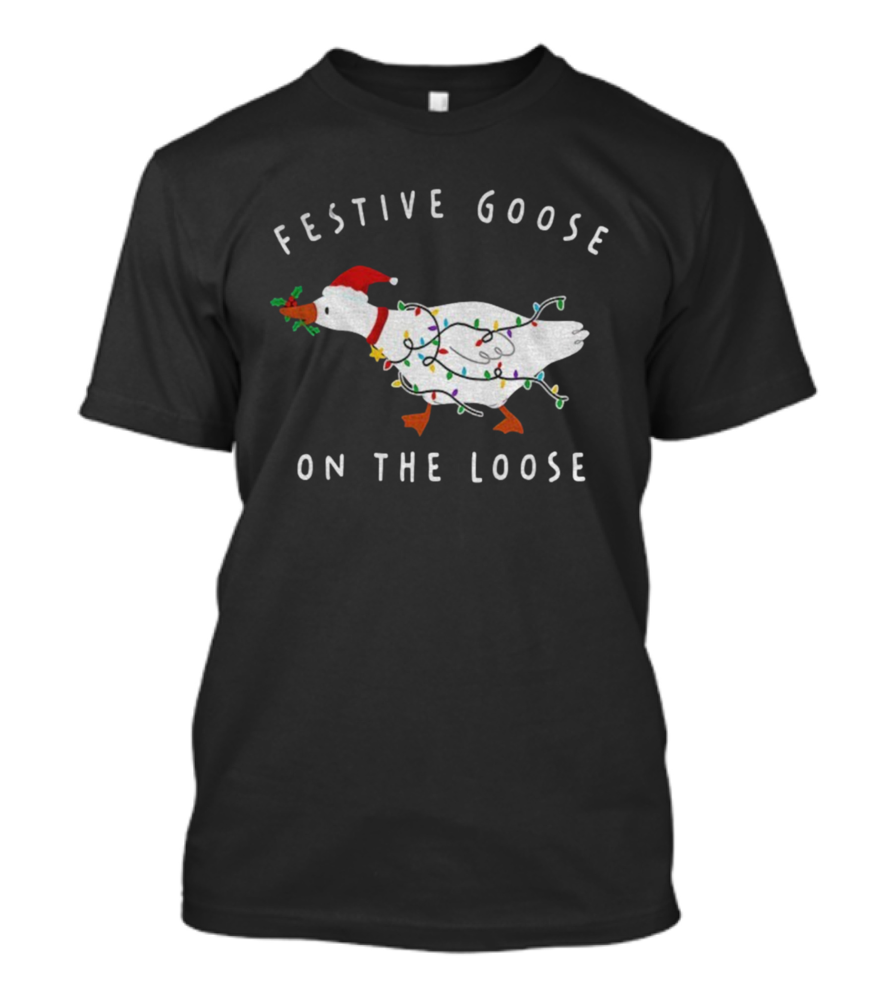 Festive Goose On The Loose Christmas Lights Santa Hat T-Shirt