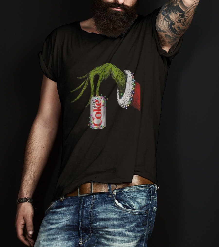 Grinch Hand Holding Diet Coke Can Wrapped In Christmas Lights Merry Christmas T-Shirt