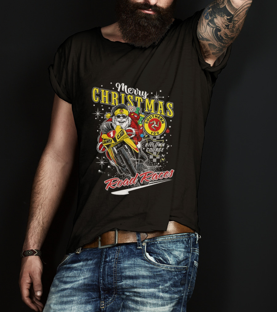 Merry Christmas Santa Claus Motorcycle Road Races Holiday T-Shirt