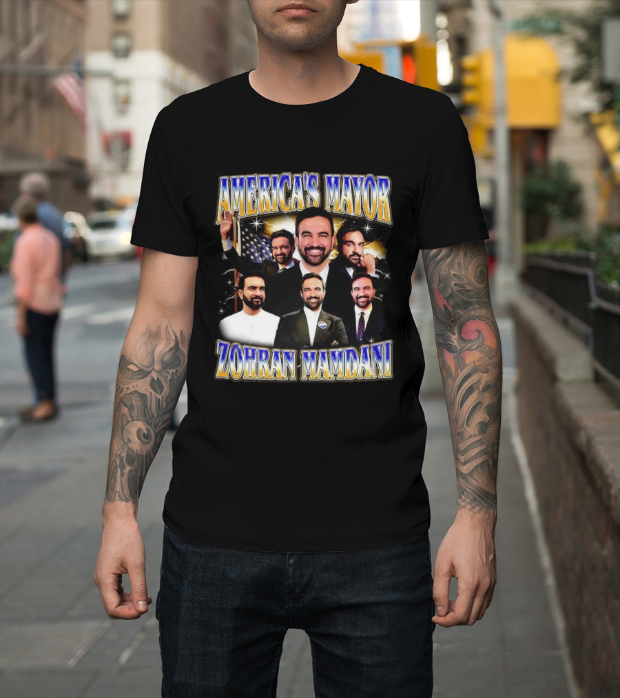 America's Mayor Zohran Mamdani Multiple Portraits With American Flag T-Shirt