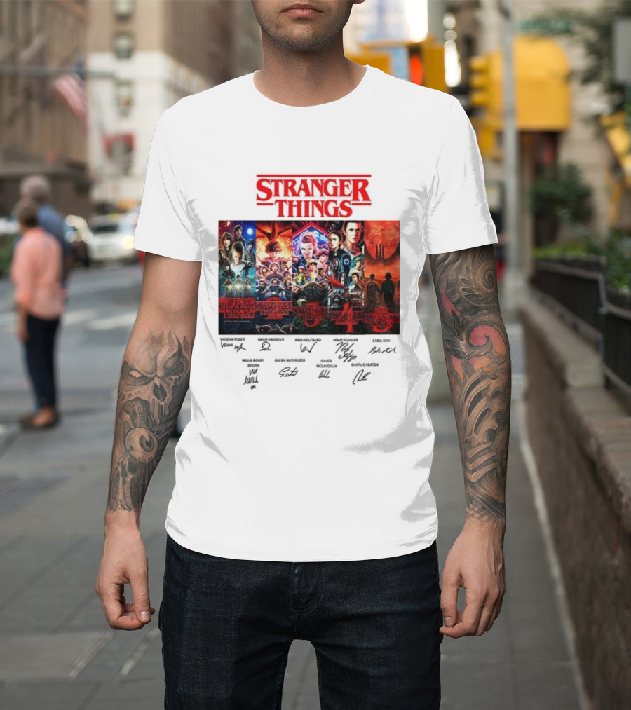 Stranger Things Seasons 1-5 Collage With Cast Signatures And Retro Logo T-Shirt