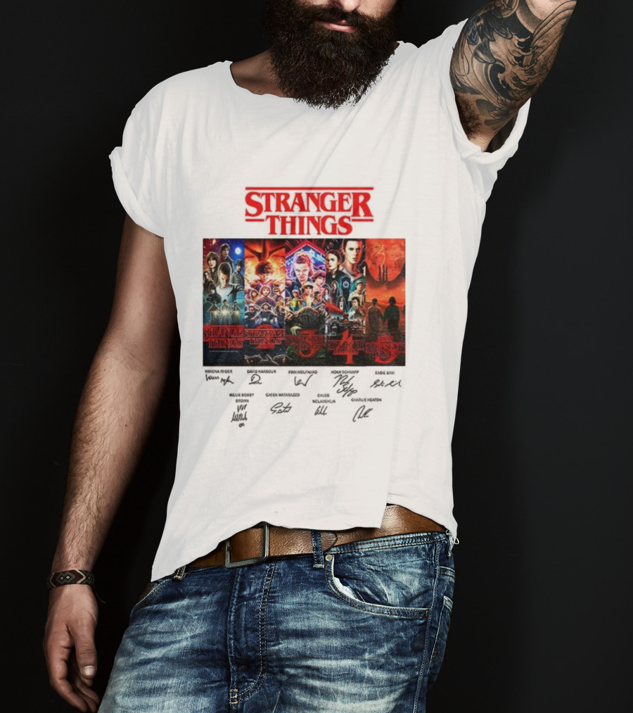 Stranger Things Seasons 1-5 Collage With Cast Signatures And Retro Logo T-Shirt