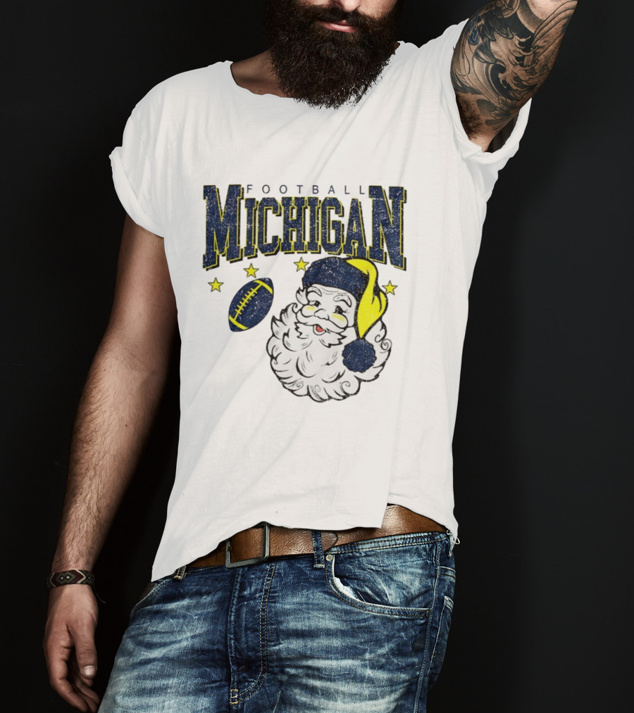 Michigan Wolverines Football Christmas Santa With Stars And Football Design T-Shirt