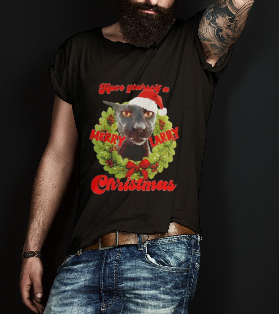 Merry Larry Christmas Black Cat Wreath Santa Hat T-Shirt