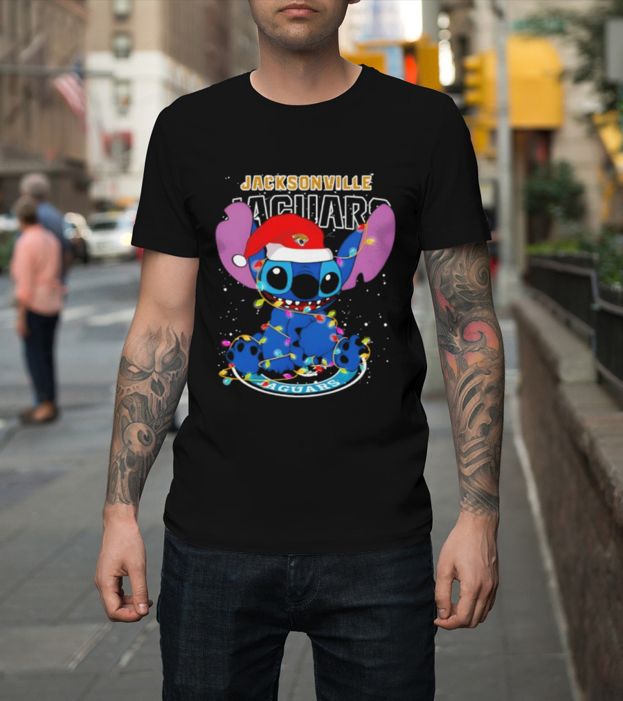 Jacksonville Jaguars Noel Christmas Stitch With Festive Lights And Santa Hat T-Shirt