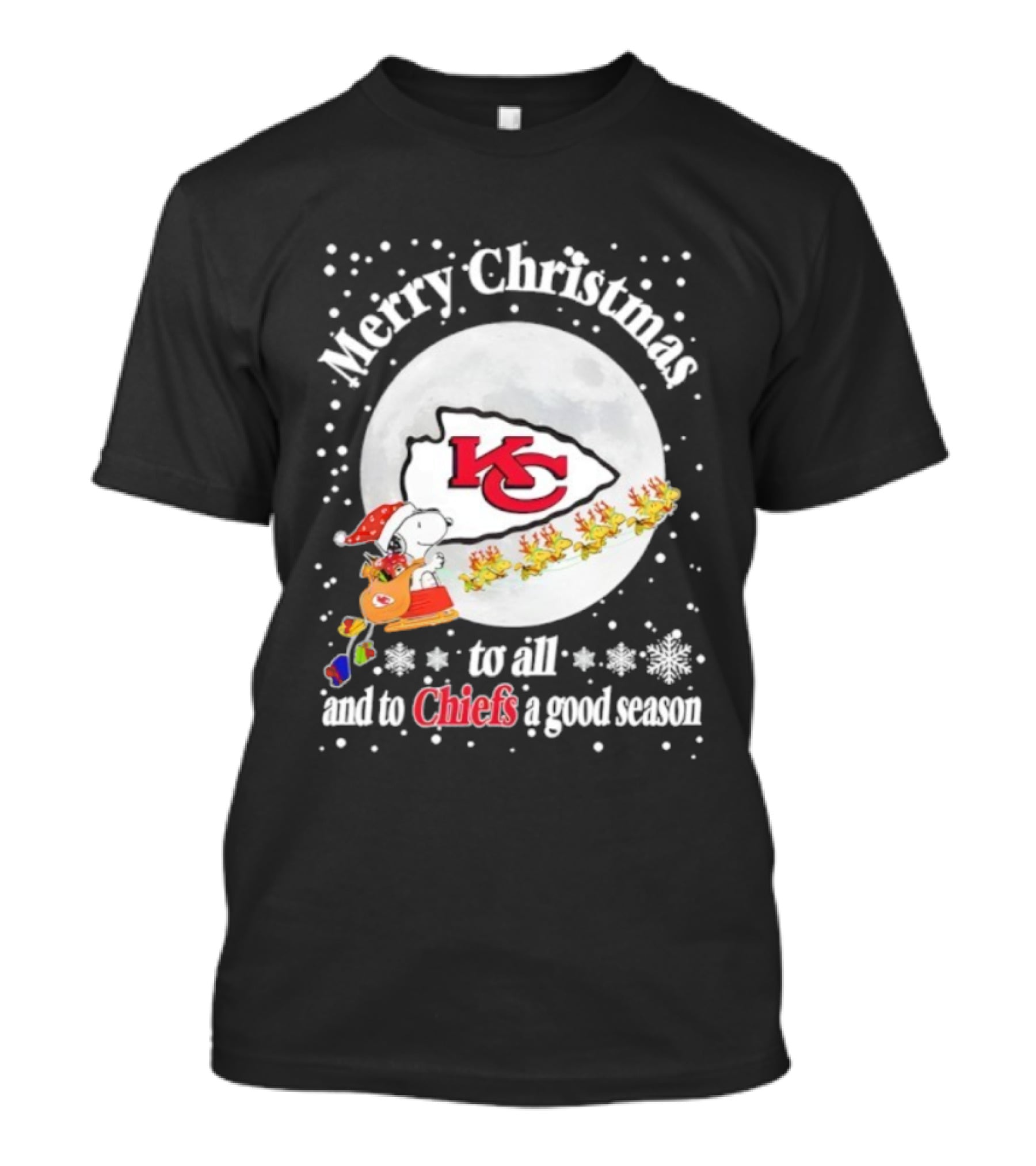 Merry Christmas Kansas City Chiefs To All And To Chiefs A Good Season Snoopy Santa Reindeer Sleigh T-Shirt