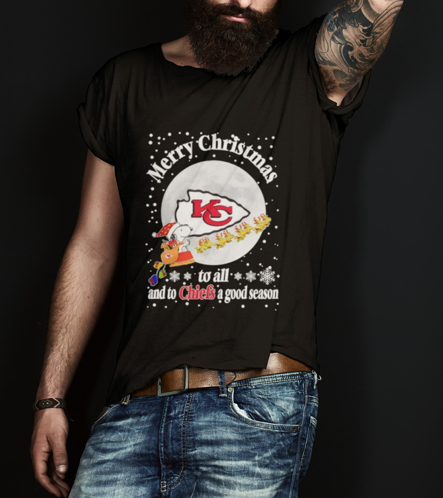 Merry Christmas Kansas City Chiefs To All And To Chiefs A Good Season Snoopy Santa Reindeer Sleigh T-Shirt