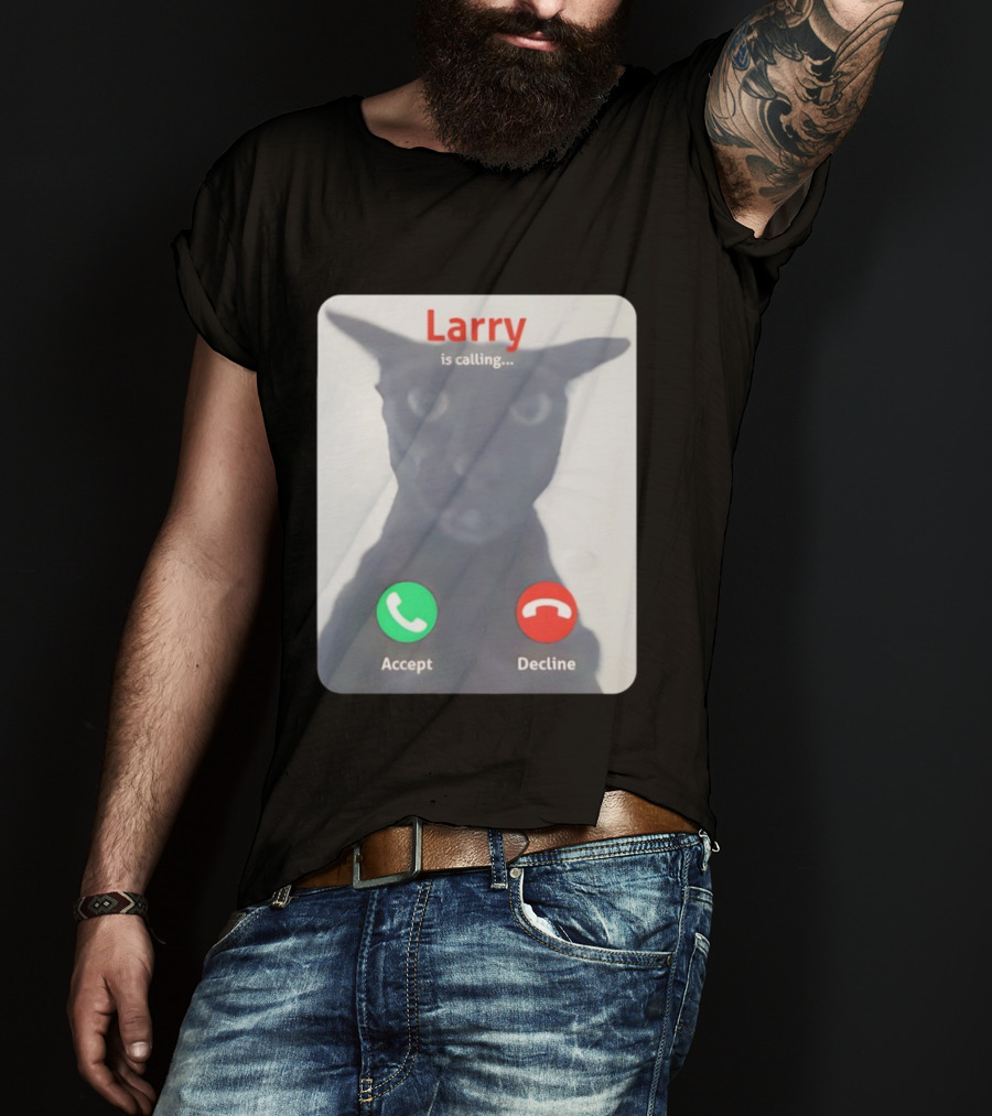 Larry Is Calling Accept Decline Black Cat Face Meme T-Shirt