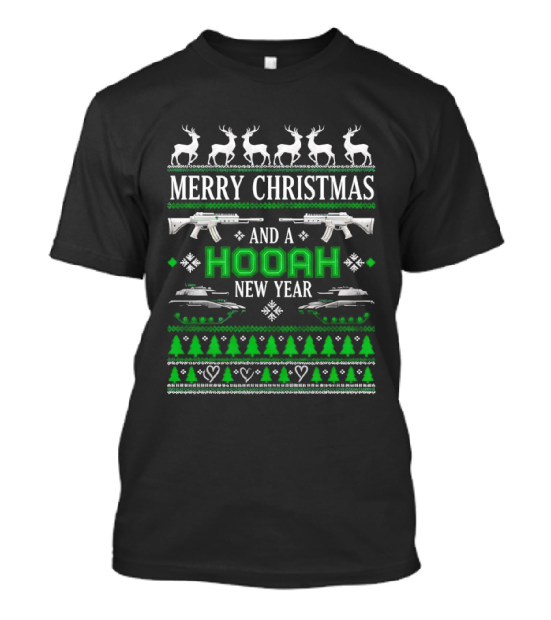 Merry Christmas And A Hooah New Year U.S. Army Tank Rifle Reindeer Trees T-Shirt