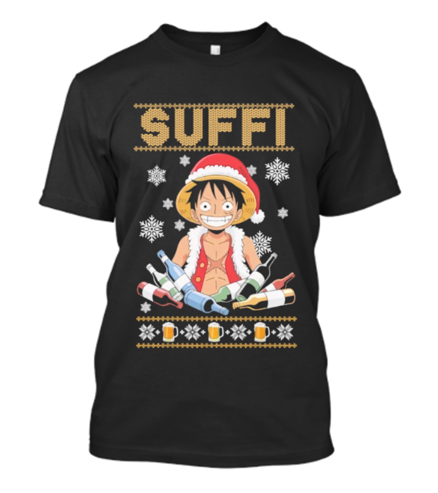 Monkey D. Luffy One Piece Suffi Christmas Santa Hat Beer Bottles Snowflakes T-Shirt