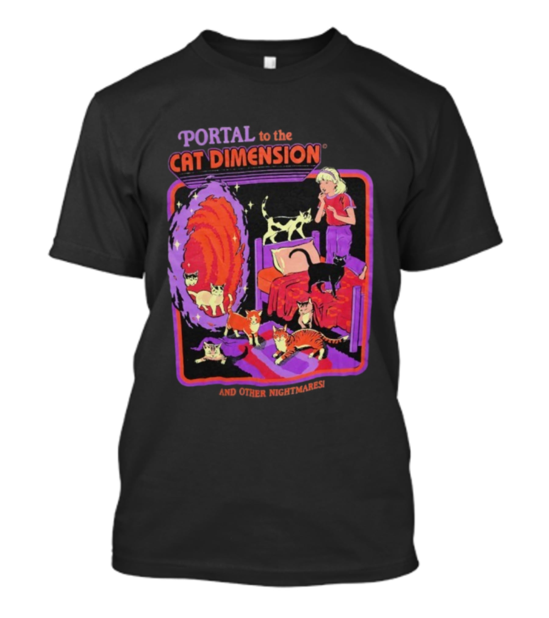 Portal To The Cat Dimension Vintage Nightmare Scene With Cats And Bed T-Shirt