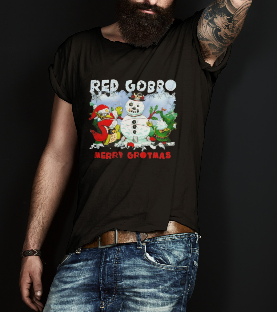 Red Gobbo Merry Grotmas Snowman Scene With Goblins Holiday Cheer T-Shirt