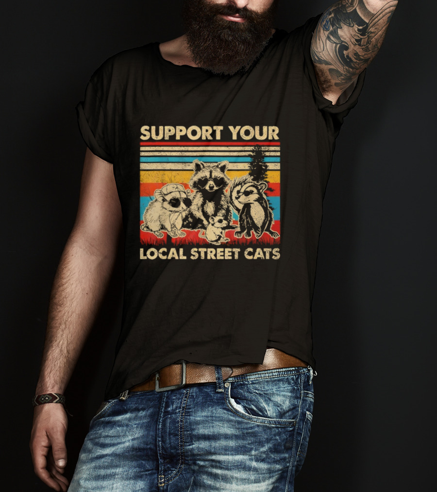 Support Your Local Street Cats Opossum Raccoon Vintage Stripes T-Shirt
