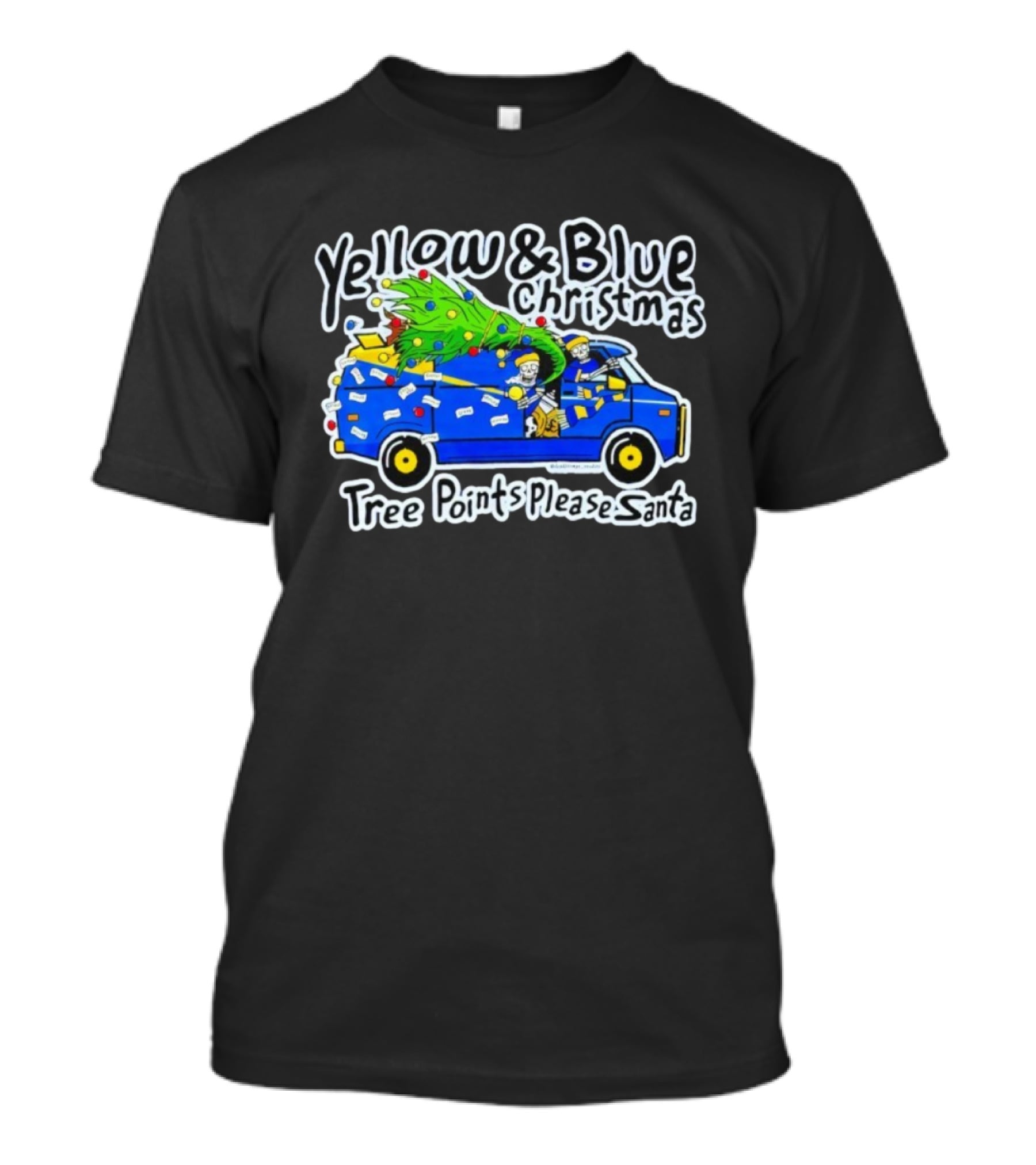 Yellow & Blue Christmas Tree Points Please Santa Van Holiday Humor T-Shirt