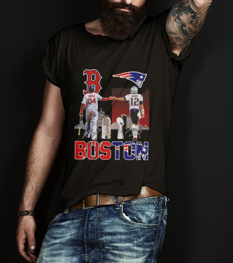 Boston Sports Ortiz Brady Signatures Patriots Red Sox Champions T-Shirt
